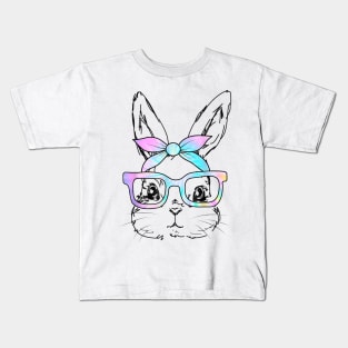 Cute Bunny Rabbit Face Tie Dye Glasses Girl Happy Easter Day Kids T-Shirt